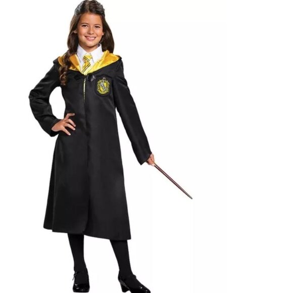 Harry Potter Hogwarts Robe & Light Up Wand Halloween Costume 7/8 Black Hooded - Picture 2 of 7